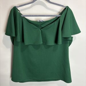 Unique Vintage 50s Green Off the Shoulder Ruffle Frenchie Knit Top 2XL